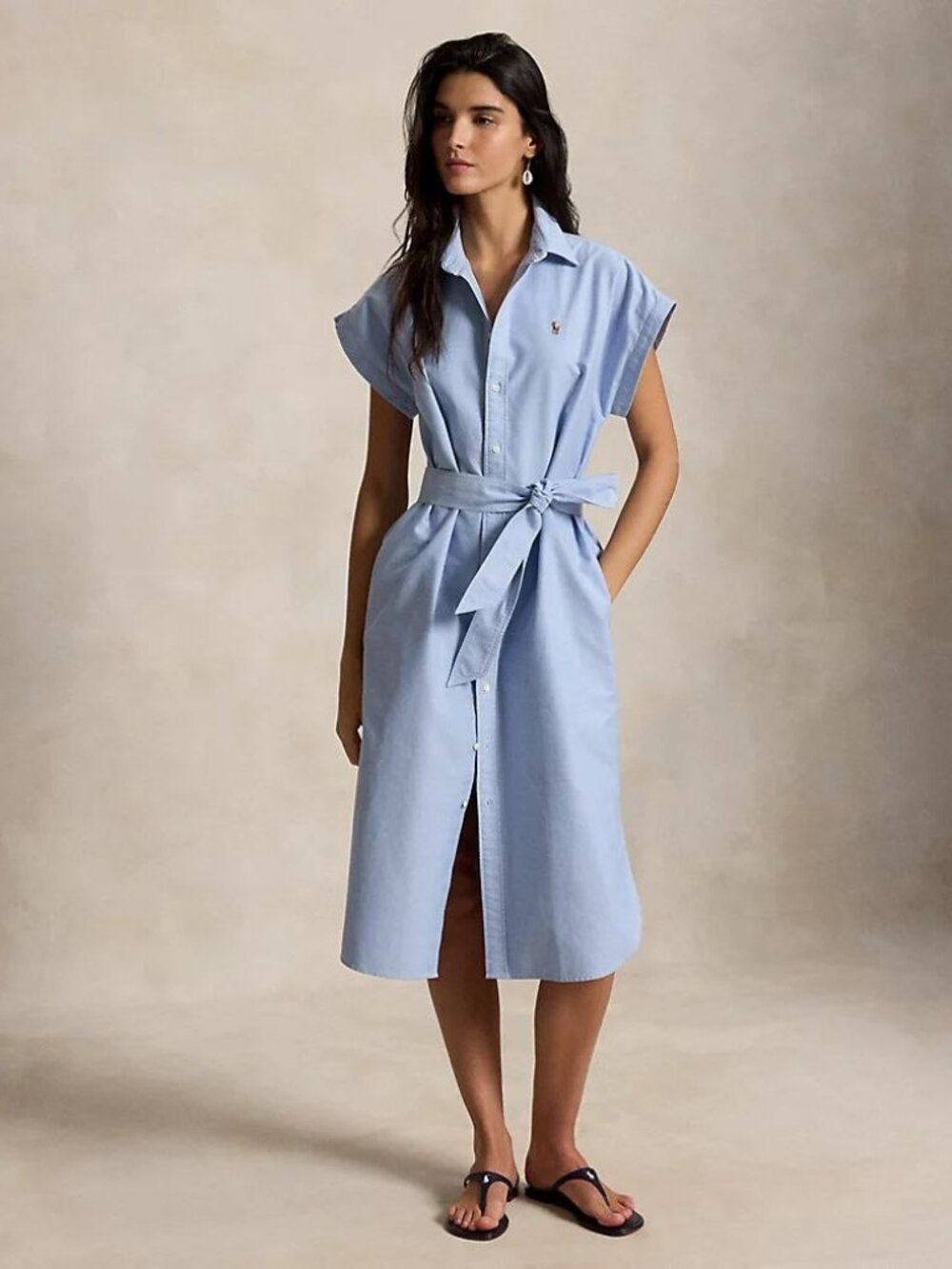 $198 Polo Ralph Lauren Belted Cotton Oxford Shirtdress Blue Size 6